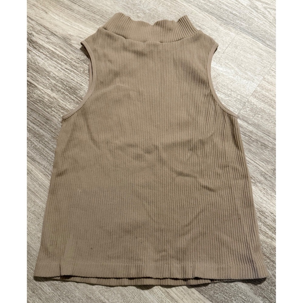Womens Sleeveless Mock Neck Ribbed Knit Top Taupe Brown Stretch Shell Tank